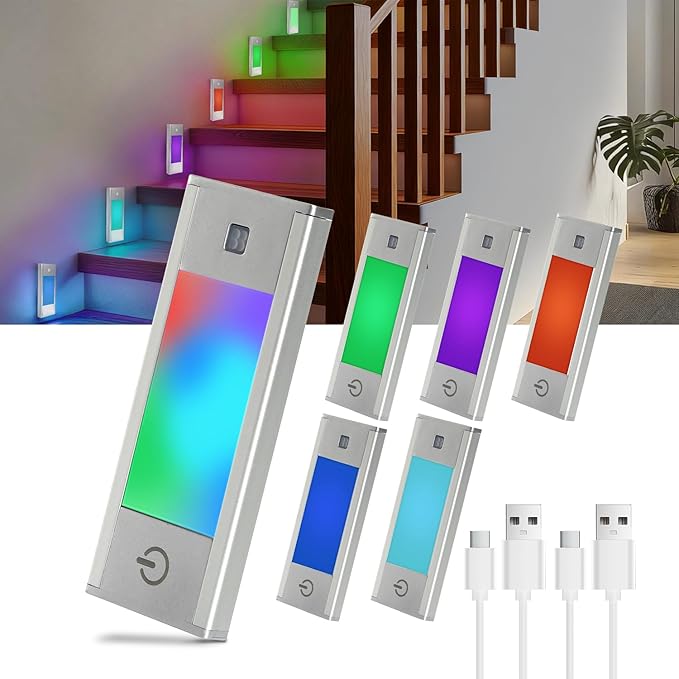 V4light RGB Motion Sensor Night Light, 6-Color Rechargeable Stair Lights, Magnetic Stick-On LED Bookshelf Light with Auto-Off, Touch Control, for Hallway, Stairs, Display Cabinet (6-Pack)