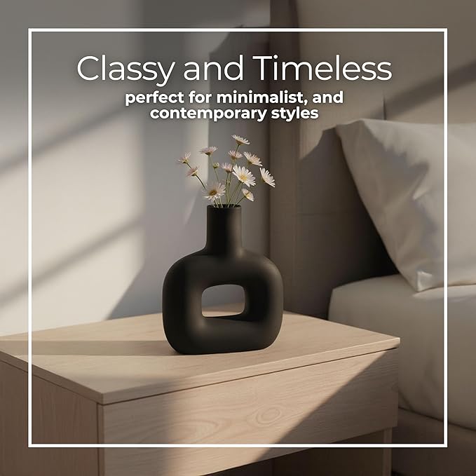 Modern Open-Cut Dolomite Vase for Living Room Decor and Home Accents - Decorative Flower Vase for Room, Bedroom or Office Display - Elevate House Display and Console Table Decor - 8", Black