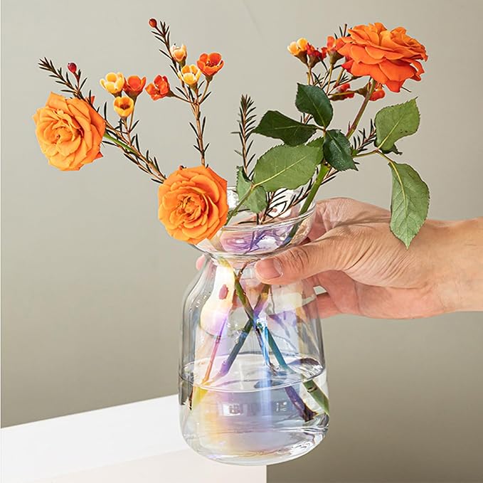 Gute Glass Vases for Decor, Modern Decorative Flower Vase Centerpieces Table Home Indoor Desk Decor Living Room, Kitchen, Office Wedding or Housewarming Gifts (Iridescent)