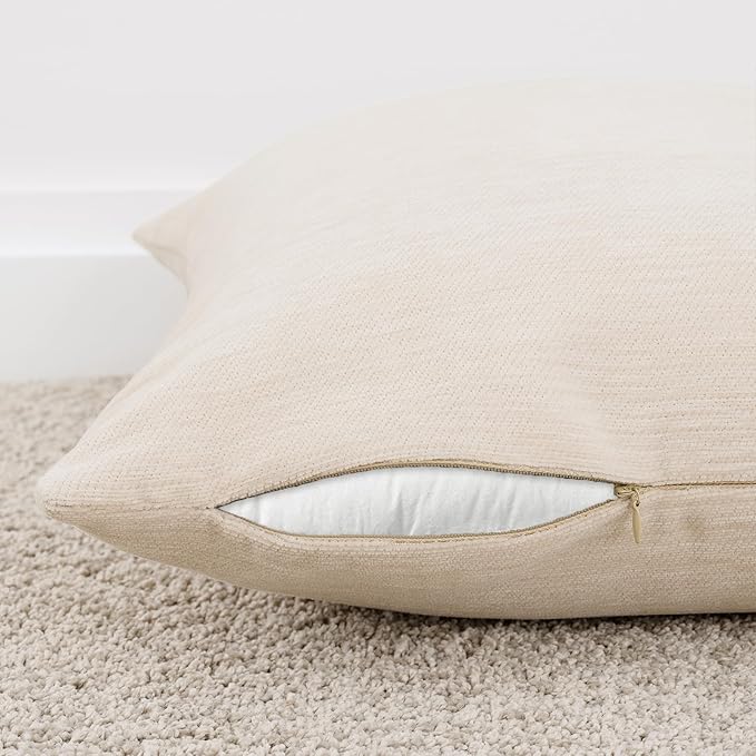 Set of 4 Khaki Throw Pillow Covers 18x18 Inch, Neutral Boho Farmhouse Aesthetic Decorative Pillow Cases for Couch, Sofa, Living Room & Bed, Soft Chenille Pillow Cases, Stylish Home Decor, 45x45 cm