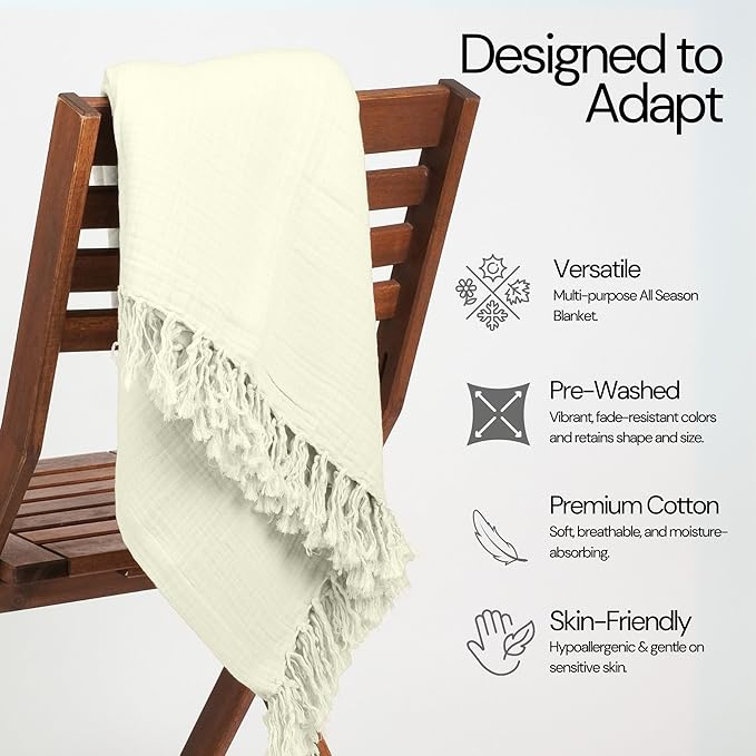 Salt Earth 100% Cotton Muslin Throw Blanket, 50"X60" 4 Layered Gauze Tassel Blanket Throw for Couch, Bed, Living Room, Home, Light Christmas Blankets and Throws for Christmas Gifts (Sea Foam)