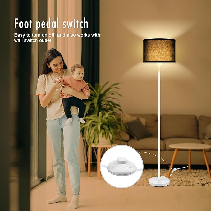 Floor Lamp White, Standing Lamp, 58" Tall Floor Lamp with Black Lampshade, Foot Pedal Switch, Modern Bright Floor Lamps for Living Room/Bedroom/Classroom/Kids Room, White Lamp for Girls' Gift(NO Bulb)