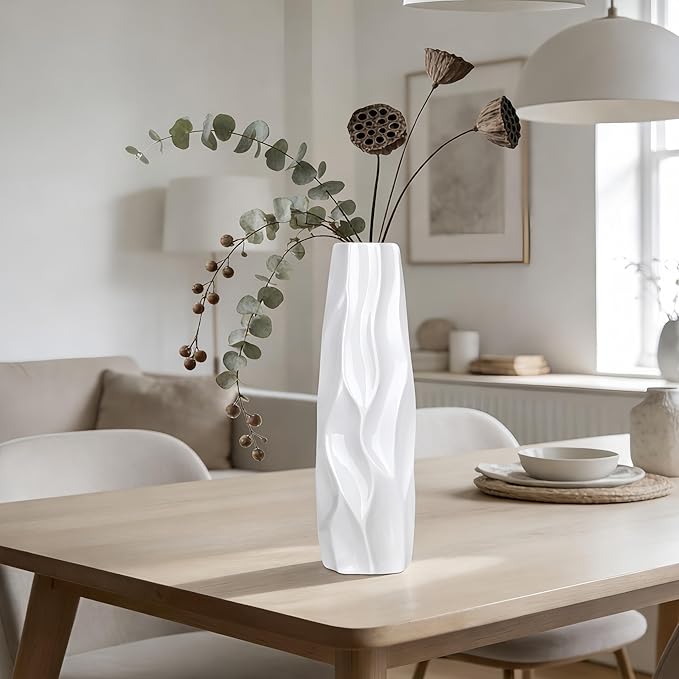 12 Inch White Vase Ceramic Flower Vase, Tall Vases for Pampas Grass, Home Decor, Modern Textured Vases for Living Room Decorations,Table Centerpieces,Shelf,Farmhouse Small Ceramic Vase