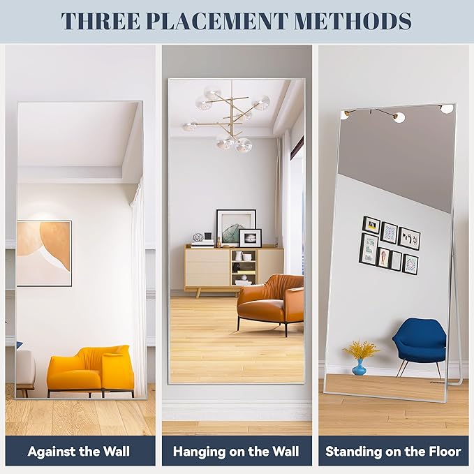 LFT HUIMEI2Y Full Length Mirror - 65"x22", Rectangle Tempered Mirror with Stand, Wall Mounted for Bedroom or Living Room, Silver