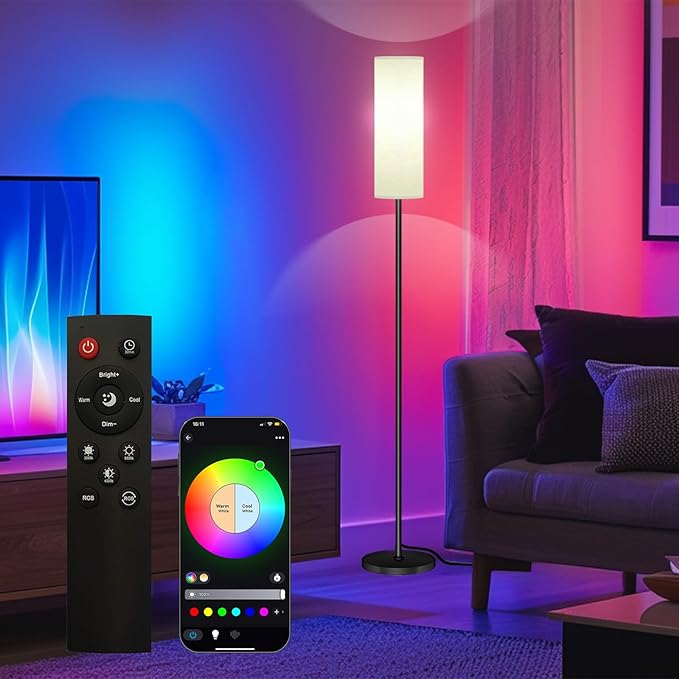 Smart LED Floor Lamp with APP Control & RGB Colors - Dimmable Standing Lamp for Living Room, Bedroom, Gaming - Remote, Timer, 9W Bulb Included, 67" Modern Tall Lamp (White)