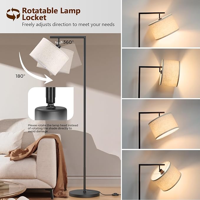 CNXIN Floor Lamps with Remote Control and Stepless Dimmable Color Temperature and Brightness Standing Lamp with Adjustable Beige Linen Lampshade Pole Lamp for Bedroom Office, 9W Bulb Included, Black