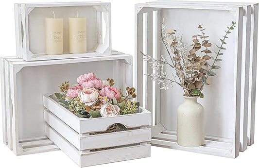 Set of 4 Large Wooden Decorative Storage Crates, Whitewashed Nesting Wooden Crates for Display Rustic, Farmhouse Wood Storage Container Boxes Made from 100% Wood