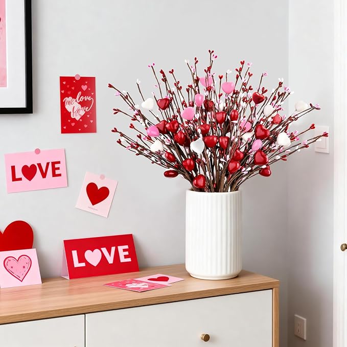 Yunfan 6Pcs Valentines Day Decorations Valentines Decor Red Pink White Heart Shaped Berry Picks Artificial Flowers for Valentines Day Gifts Wedding Home Decor 17in