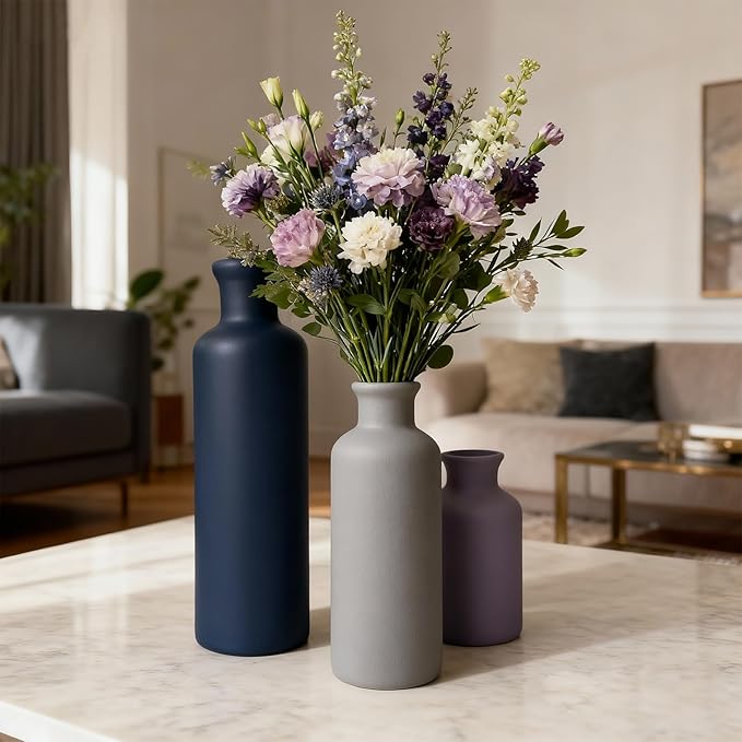 Ceramic Vase Set of 3, Modern Rustic Farmhouse Vases Home Decor, Pampas Vase for Table Centerpiece, Kitchen, Living Room, Table Shelf, Office Decor, Fireplace and Entrance Decorations