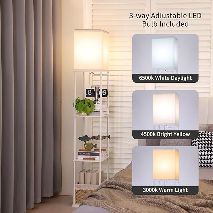 Floor Lamp with Shelves, 4 Layer Square Standing Lamp with 3 Color Temperature Bulb, Corner Display Bookshelf Lamp for Living Room, Bedroom and Office（White-2 Packs）