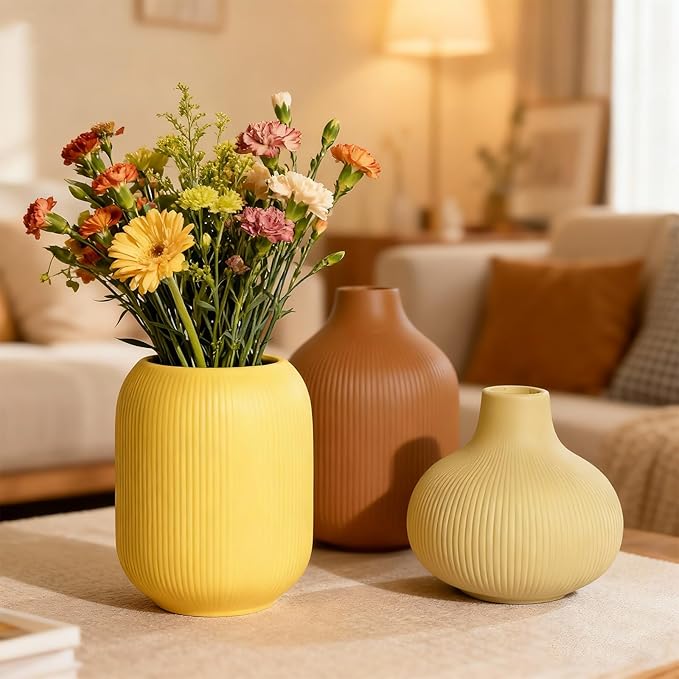 Ceramic Boho Vase Set of 3, Modern Colorful Ceramic Vases with Ribbed Texture, Minimalist Home Decor for Table Centerpiece, Kitchen, Living Room, Table Shelf, Office Decor