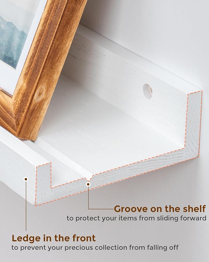 Axeman Oak Picture Ledge Shelf, 24 Inch Floating Shelves Set of 2, Solid Oak Wood Wall Shelves with Lip, Wall Decor Storage for Bedroom Living Room Bathroom Kitchen Nursery Photo Picture, White
