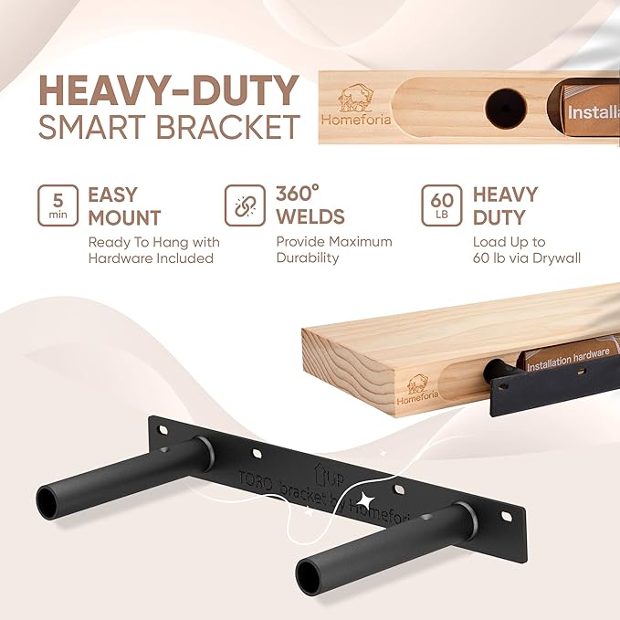Homeforia Wood Floating Shelf 16 inch, High End Solid Natural Wood 16inch Floating Shelves for Wall Mounted, Unfinished Wooden Small Floating Shelves, Heavy Duty Bracket, 16 X 6.5 X 1.75 in, Set of 3