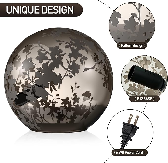 7.8 Inch Ball Table Lamp with Glass Shade Stylish Ball Light Lamp for Bedroom Living Room and Bookshelf Modern Design Perfect for Home Decor, Without Bulb (Grey Flower)