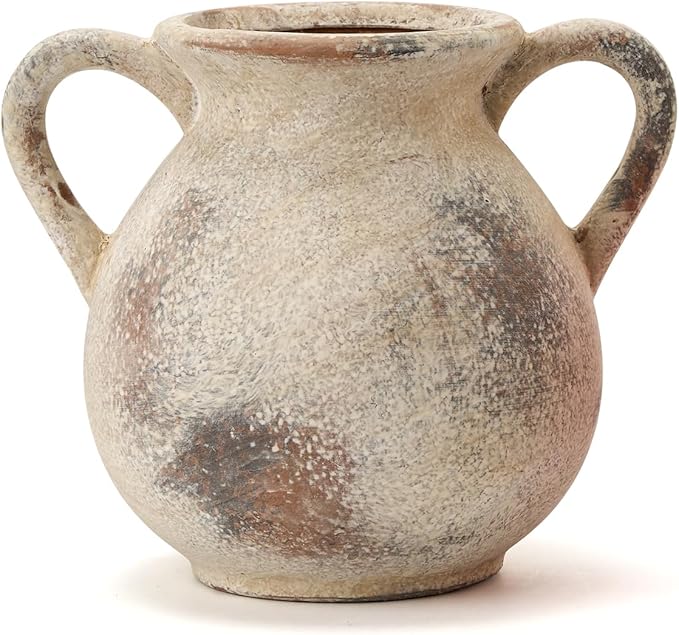 LUKA Antique Ceramic Vase with 2 Handle, 6.7 inches Rustic Vase Minimalist Decor, Decorative Vases for Home Decor, Table, Living Room, Shelf, Christmas Decoration(Small,Gray)