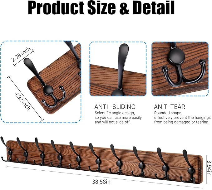Rustic 38.6" Large Coat Rack Wall Mount, Long Wood Coat Hooks with 10 Triple Hooks, Heavy Duty Wooden Coat Hanger Wall Mount for Entryway, Farmhouse Hanging Jackets, Coats, Hats, Bags,Towel