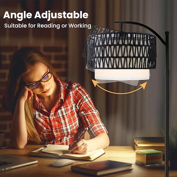 Yusist Arc Floor Lamp for Living Room,Farmhouse Floor Lamps with Remote Control & Dimmable Bulb,Black Rattan Boho Tall Standing Lamp for Bedroom Office