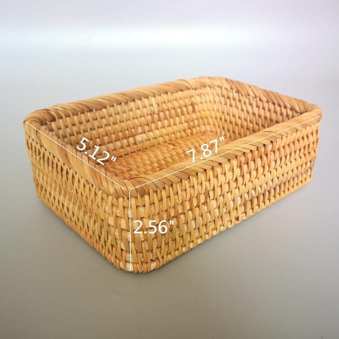Handmade Rectangle Wicker Fruit Box Rattan Tray Magazine Organizer and Small Objects Container Serving Basket (Small)