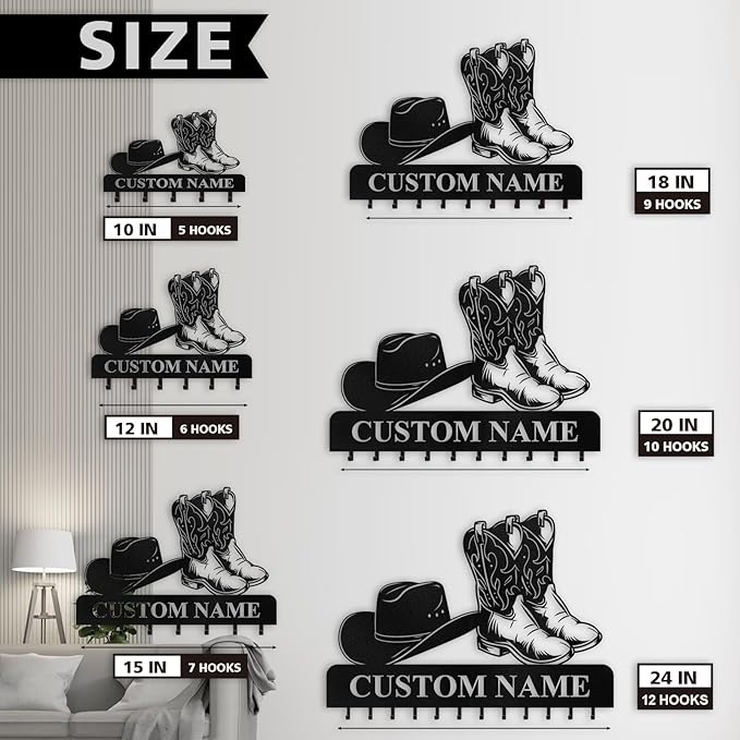 Personalized Cowboy Coat Hooks, Cowboy Boots and Hat Key Holder for Wall, Clothes Cowboy Hat Rack and Backpack Hanger, Western Wall Decor, Metal Key Rack Organizer for Storage Hallway Office Color04