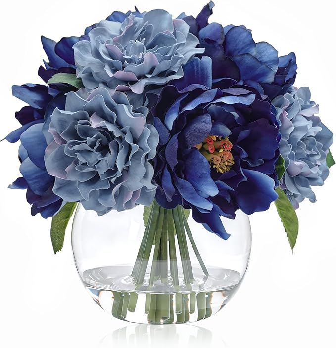 WELL KNOWN Artificial Flowers in Vase, Silk Blue Peonies for Vase with Faux Water, Fake Flower Arrangements for Winter Spring Home Coffee Dining Table Decor Wedding Centerpieces & Christmas Mom's Gift
