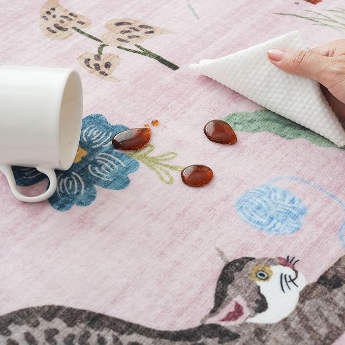 Rugcomf Door Mat Indoor Entrance 2x3 Rug Machine Washable Boho Floral Animal Cat Small Area Rug Non-Slip Low Pile Throw Rugs for Entryway Kitchen Front Door Indoor Entrance Entry Kids Room, Pink