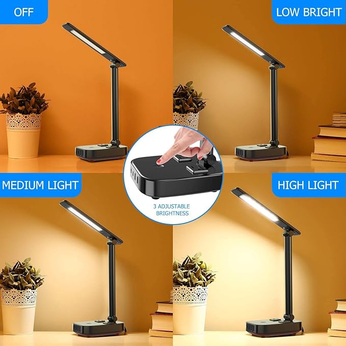 Yostyle LED Desk Lamp with 4 USB Charging Ports and 2 AC Outlets,5ft Extension Cord Power Strip Station, 3 Level Brightness, Touch Dimmer Control, Office Table Eye Care Lamp Bedroom Hotel