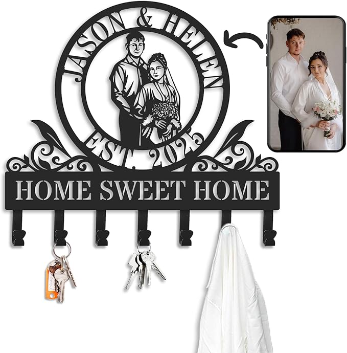 Personalized Metal Portrait with Key Hooks, Custom Photo Wall Key Holder, Iron Portrait from Your Photo, Anniversary Wedding Birthday Gift, Personalized Wall Decor