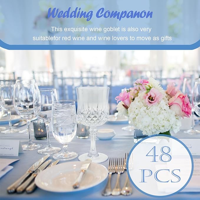 48 PCS Plastic Wine Glasses Clear,Reusable Plastic Wine Glasses,White Goblet Glass,Durable and Sturdy Cups Can Be Used for Various Parties Such as Weddings!