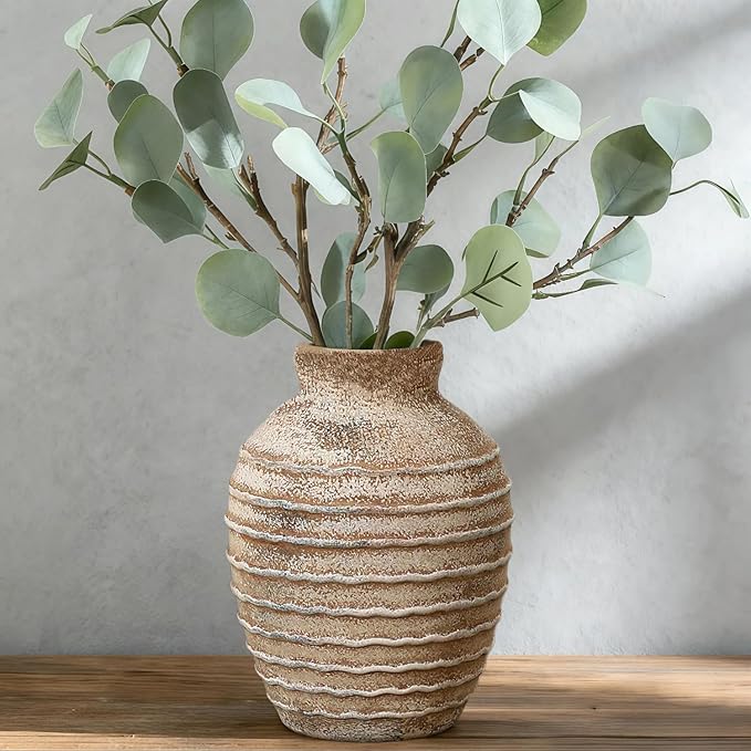 Ceramic Flower Vase, 6.7 inch Farmhouse Rustic Vintage Vases for Home Decor Table Living Room Entryway Book Shelf Fireplace Centerpiece (Rust)