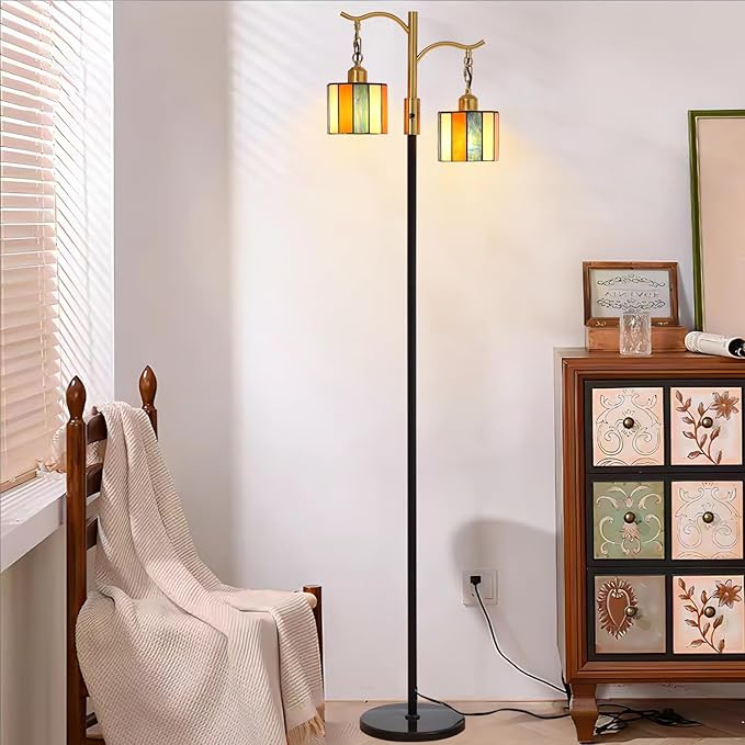 Asmymhd Vintage Dimmable Floor Lamp, Tiffany Standing Lamp with 2 Stained Glass Shades, Rustic Farmhouse Floor Lamp with Black and Gold Finish for Living Room Bedroom