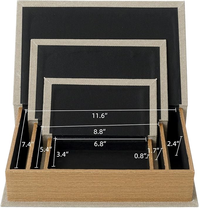 Decorative Book Boxes Set of 3 – Modern Faux Linen & Wood Hidden Storage for Coffee Table – Stackable Fake Books for Shelf Decor, Remote Control & Jewelry Organizer (Linen)