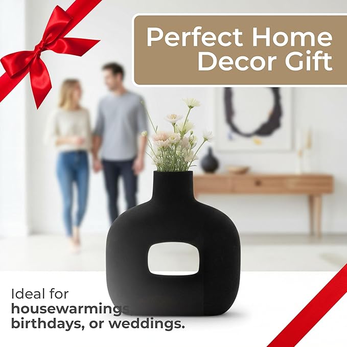 Modern Open-Cut Dolomite Vase for Living Room Decor and Home Accents - Decorative Flower Vase for Room, Bedroom or Office Display - Elevate House Display and Console Table Decor - 8", Black