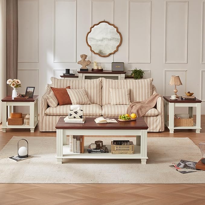 Farmhouse End Table with 2-Tier Storage Shelf, Large Square Side Table with 4 Solid Wood Square Legs, Small Coffee Table for Living Room, White