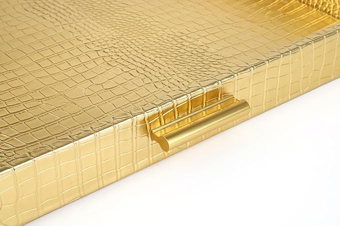 HofferRuffer Elegant Decorative Serving Tray, 20"x20" Square Faux Leather Ottoman Tray with Gold Hardware Handles, Coffee Table Serve Tea, Coffee or Breakfast (Gold, Square-20 inch)