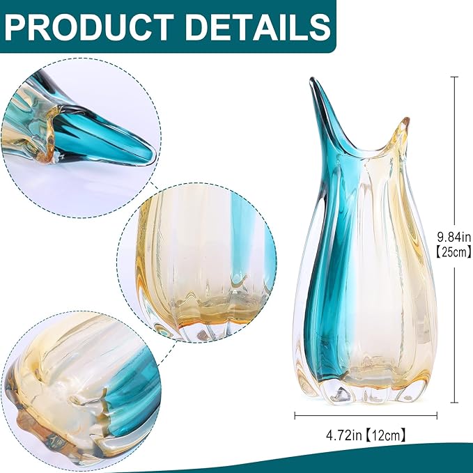 Hand Blown Glass Vase, Medium Wide Mouth Flower Vase Unique Modern Turquoise Glass Art Decor, Nonbreakable Vases for Table Centerpieces Living Room Decorative Amber and Teal Vase