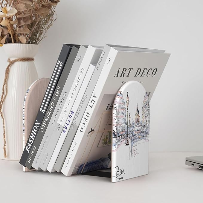 Paris Eiffel Tower Wood Bookends Stands Decorative Non-Slip Book Organizers for Home Office Desk Library School Study 1 Pair