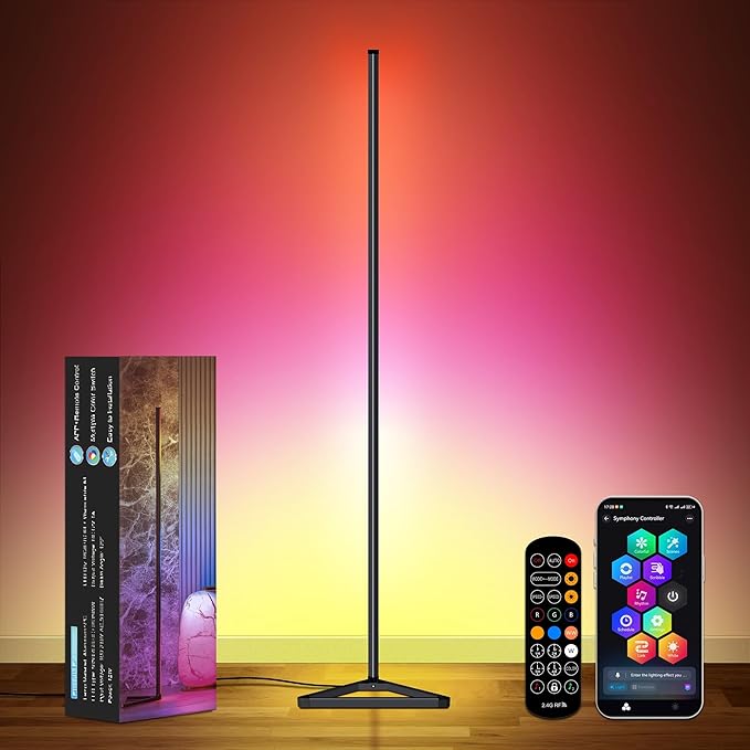 RGB LED Corner Floor Lamp, with App & Remote Control, 16 Million Colors 68+ Scenes, Dimmable, Music Sync, Timer Off, Modern Farmhouse Decor Led Lights for Bedroom, Living Room, Gaming Room