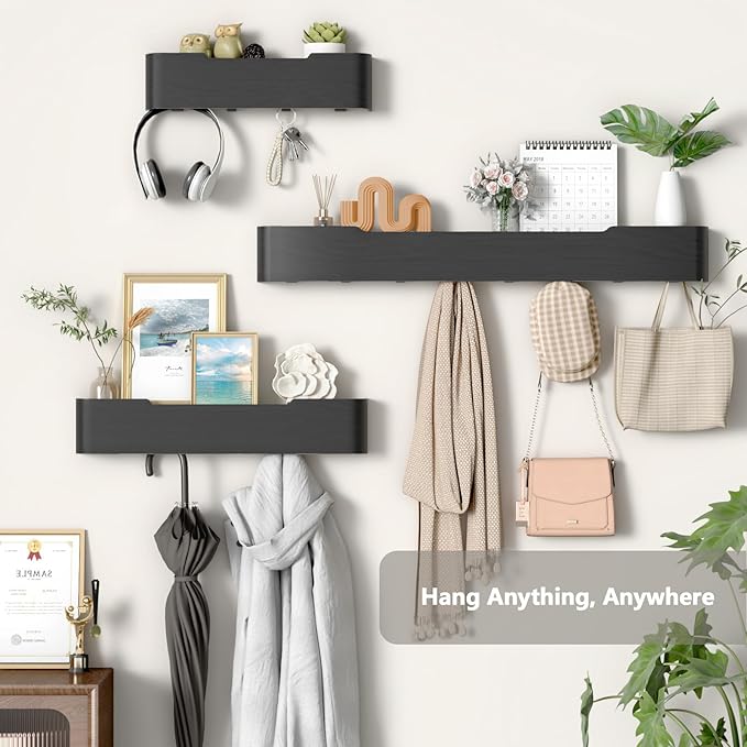 Coat Rack Wall Mount Entryway Organizer Modern Key Holder Wall Mount with Wooden Shelf Entryway Hooks for Bedroom Kitchen Hallway Bathroom for Hanging Coats Hats Dog Leashes Bags Towels