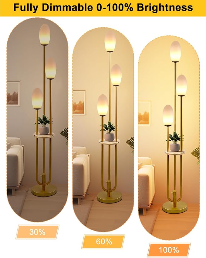 ACOHOOK Gold Dimmable Floor Lamp with Table, Unique Candle Holder Style Tall Standing Lamps with 3000K G9 Bulbs for Reading, Mid Century Modern Floor Lamp for Living Room Bedroom Office