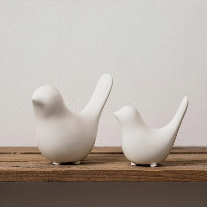 White Bird Statue Set – Small and Large, Modern Tabletop Sculptures for Living Room, Mantel, Shelf, Console Table, Entryway, Fireplace, Bedroom, Minimalist White Home Décor