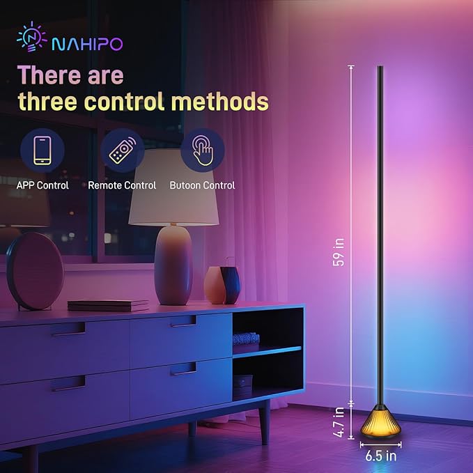 Smart LED Corner Floor Lamp – 16 Million DIY Colors, 68+ Scenes, Music Sync, App & Remote Control, Ambient Color-Changing Light for Living Rooms, Bedrooms & Gaming Rooms (1 Pack)