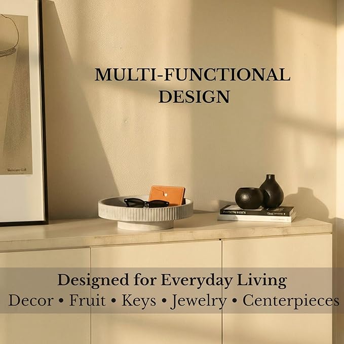 JUPTR 12” Fluted Concrete Fruit Bowl – Heavyweight Pedestal Decorative Bowl for Table Centerpiece, Entryway Catch-All & Modern Home Décor (Natural)