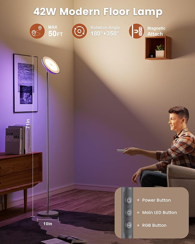42W Floor Lamp, 3700LM Super Bright Standing Lamp with Remote & Touch Control, 2700K-6500K Dimmable Torchiere Lamps for Living Room, with RGB Ambient Lighting, Grey