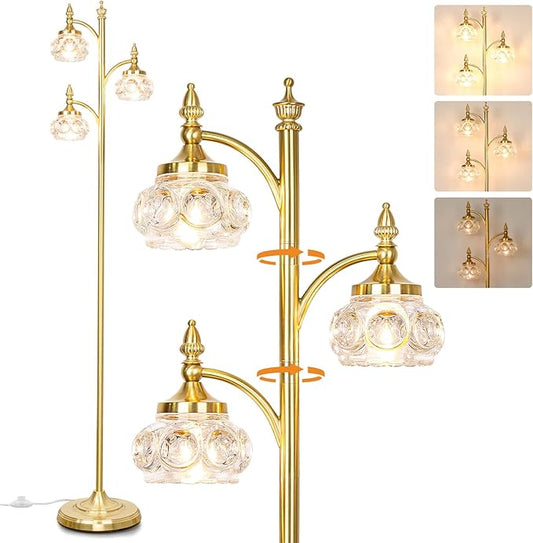 JUNNAI Gold Floor Lamp, Dimmable Tree Floor Lamps for Living Room Brass Tall Standing Lamp with 3 Rotatable Lights Glass Shade 66.5'' Modern Corner Lamp for Bedroom Office(3LED Bulbs Included)