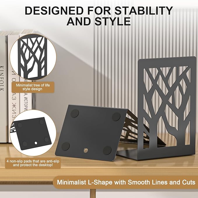 Bookends 4 Pieces, Tree Design Modern Metal Bookends for Shelves, Black Tree Book Ends Decorative Book Organizer for Desk, Decorative Shelve Book Stopper for Home Office