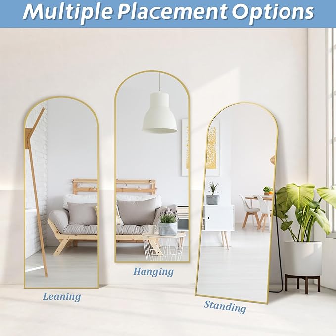 56"X18" Arched Full Length Mirror, Gold Floor Mirror with Stand Hanging or Leaning Against Wall, Tempered Glass Full Body Mirror for Bedroom Living Room, Aluminum Alloy Frame