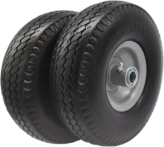 Flat Free 4.10/3.50-4 Tire with 3/4 & 5/8 Axle Bore, 3.5” Center Hub 10 inch Solid Tire Replacement for Hand Truck/Wagon/Garden Cart/Wheelbarrow/Dolly(Set of 2)