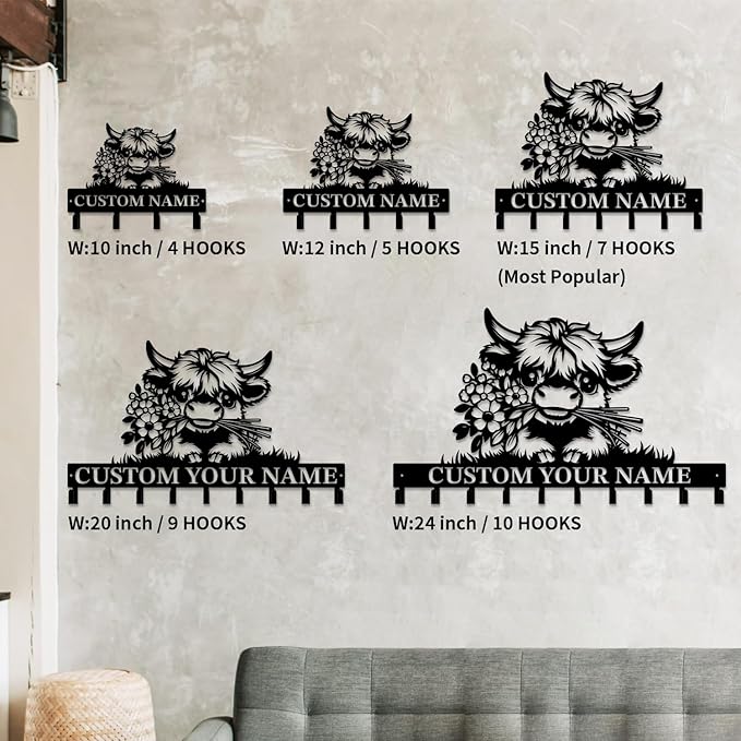 magilab Personalized Custom Highland Cow Wall Hooks,Metal Highland Cow Art Clothes Hooks,Metal Highland Cow Wall Home Storage Decorative,for Front Door, Hallway, Kitchen, Bedroom,Keys,Hats (Style I)