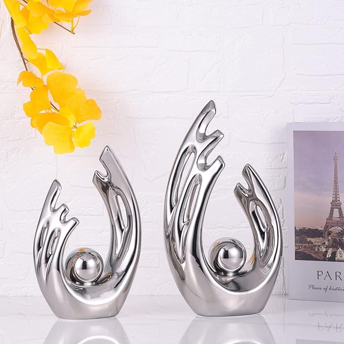 12"H Modern Silver Home Accent, Ceramic Tv Stand Centerpiece Decor, Mid Century Modern Abstract Aesthetics Silver Desk Accessories, Office Table Party Decor