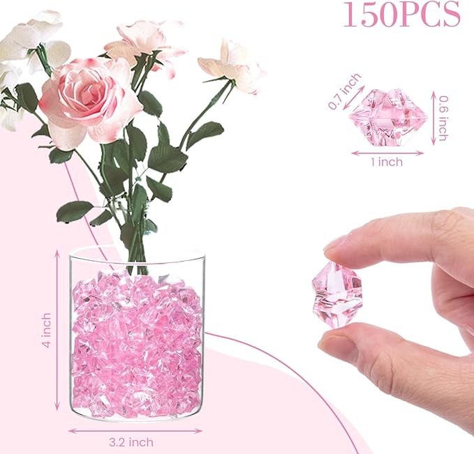 DOMESTAR Pink Fake Ice, 150PCS Acrylic Fake Diamonds, Plastic Crystals Gems, Vase Fillers DIY Craft Makeup Brush Rocks Wedding Party Table Centerpieces Scatter Valentines Day Decorations